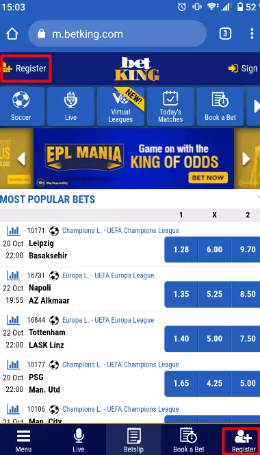 BetKing registration buttons